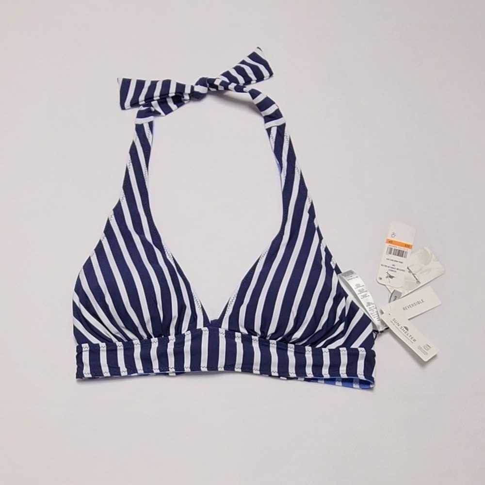 Tommy Bahama Coastline Stripe Reversible Halter Bikini Top Navy Blue UPF 50 S